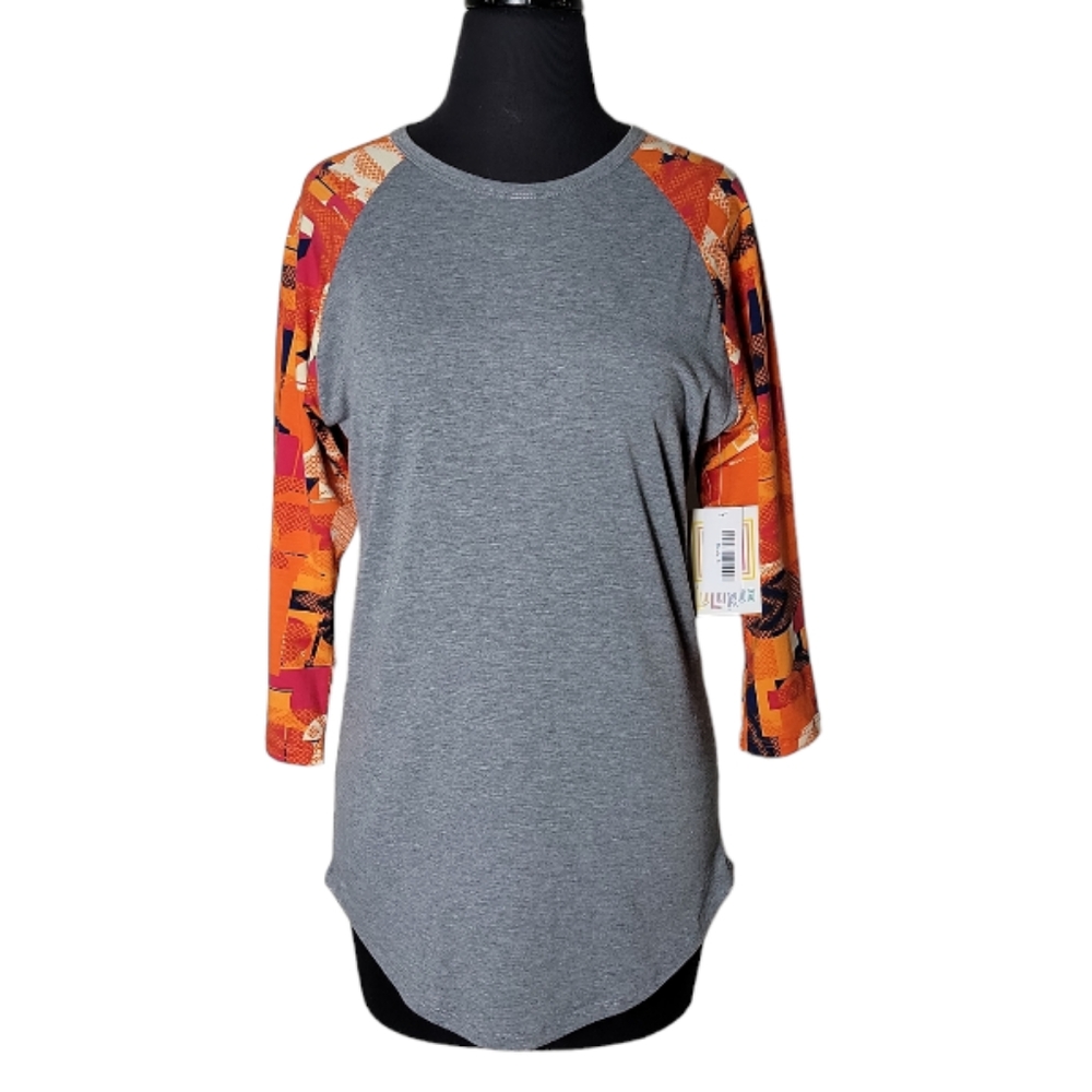 Lularoe Randy top women's size small gray orange baseball style tee 3/4 Smsleeve